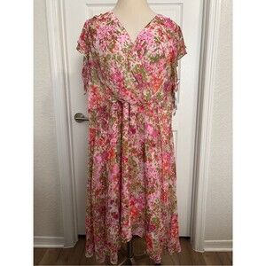 NWT dkny 24W Pink Green Floral Chiffon Maxi Dress Plus Size Wedding Guest